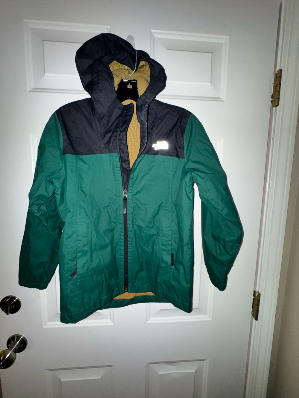 The North Face Green and Black Hooded Raincoat with Gold Lining